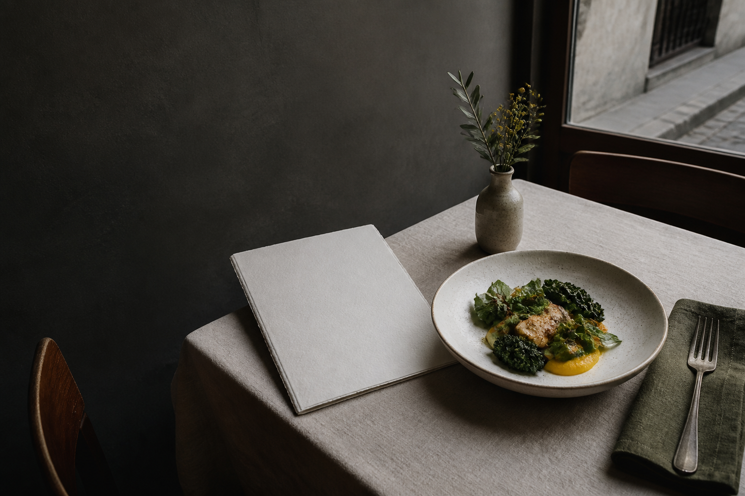 Mesa de restaurante con un plato, una carta impresa y luz natural